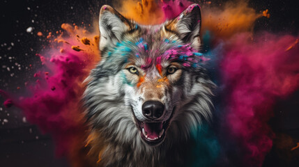 wolf in colorful powder paint explosion, dynamic