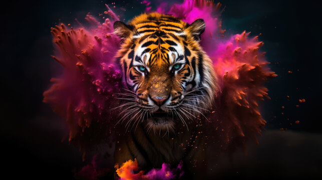 tiger in colorful powder paint explosion, dynamic