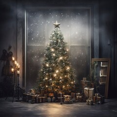Christmas tree, magical light. Generation AI