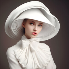 Portrait of a young pretty elegant lady in a white costume and with an extravagant hat, fashion outfit on studio background. Fashion model. Minimalim.