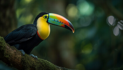 Naklejka premium The vibrant toucan perches on a green branch in nature generated by AI