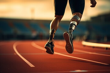 An athlete without legs running at the stadium of the Paralympic Games.