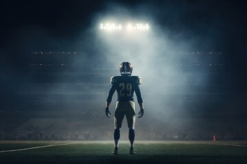 Fototapeta na wymiar An American football player in the middle of a foggy stadium.