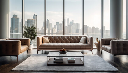 A modern, luxurious living room with comfortable armchairs and pillows generated by AI