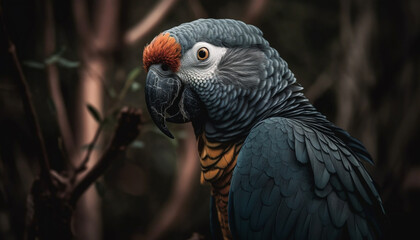 Obraz premium Vibrant macaw perching on branch, its beak and feather colorful generated by AI