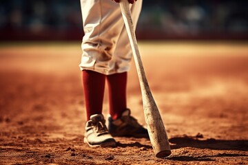 Close-up baseball player's bat and legs on baseball field.