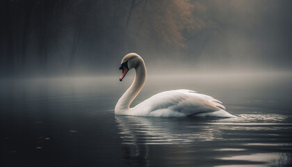Majestic swan glides on tranquil pond, reflecting nature beauty generated by AI