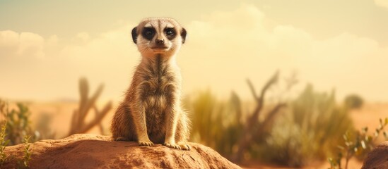 A meerkat perches atop a small hill surveying the surroundings with a hazy backdrop - obrazy, fototapety, plakaty