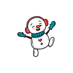 Funny snowman with a scarf. Doodle style. Christmas card with cute cartoon snowman. 