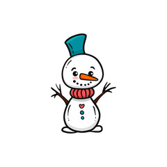 cute cartoon snowman with a scarf. Doodle style. Christmas card with snowman. 