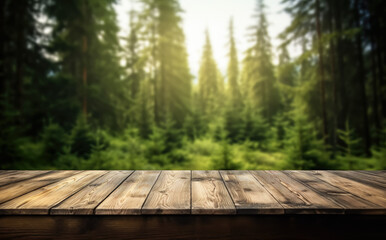 Empty rustic old wooden boards table copy space with blurred calm forest background. Product display template. Generative AI