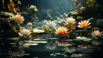 Fototapeta na wymiar Tranquil scene, reflection, single flower, floating on water, elegance, generative AI generated by AI