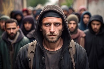 Crowd of poor caucasian refugees.