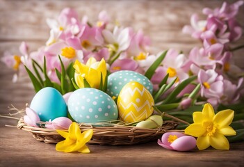 Obraz na płótnie Canvas easter egg basket with wonderfully coloured easter eggs