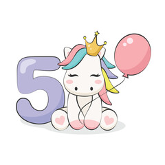 Pony with balloon and number five isolated on white background. Vector illustration