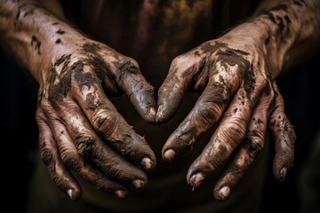Dirty hands of workers. - obrazy, fototapety, plakaty