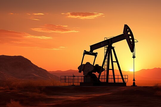 Crude oil pumpjack rig at sunset.
