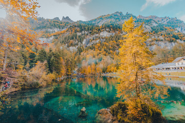 autumn landscape with lake and mountains