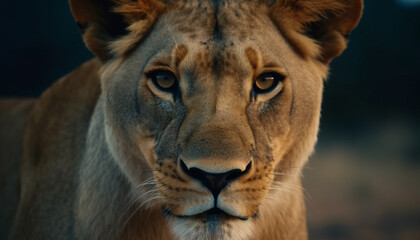 Majestic lioness staring, alert in the wilderness of Africa savannah generated by AI