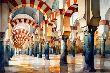 Watercolor drawing of the Cordoba mosque. Generative AI. - obrazy, fototapety, plakaty