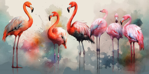 Watercolor drawing of a group of flamingos. Generative AI.