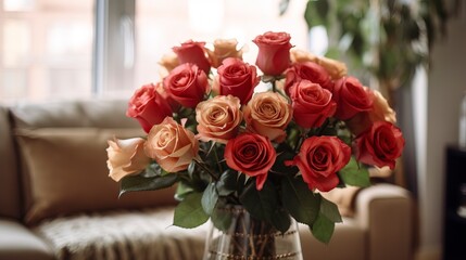A beautiful bouquet of roses in a festive interior. Generation AI