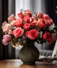 Obraz premium A beautiful bouquet of roses in a festive interior. Generation AI