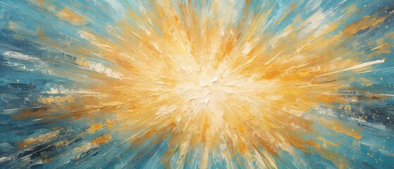 Closeup of abstract rough gold blue sun explosion painting texture, with oil brushstroke, pallet knife paint on canvas - Art background - obrazy, fototapety, plakaty