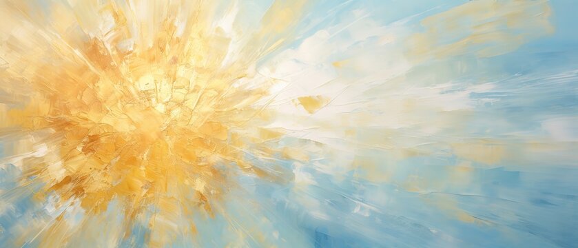 Closeup of abstract rough gold blue sun explosion painting texture, with oil brushstroke, pallet knife paint on canvas - Art background
