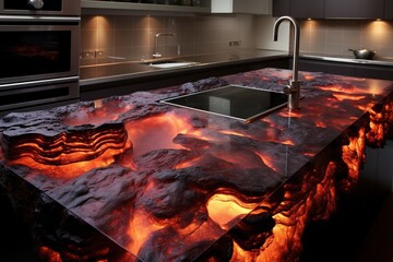 Orange epoxy resin kitchen countertops, looks like lava. - obrazy, fototapety, plakaty