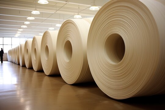 Lengthy rolls of laminated paper on spools.