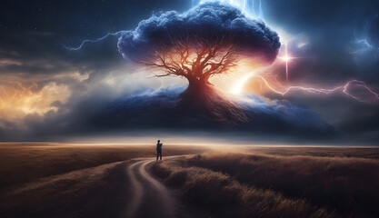 Storm, psychedelic tornado and lightning in the sky, man and tree in the landscape, Concept on the theme of weather, natural disasters, storm, thunderstorms,, lightning, generative ai