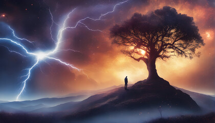 Storm, psychedelic tornado and lightning in the sky, man and tree in the landscape, Concept on the theme of weather, natural disasters, storm, thunderstorms,, lightning, generative ai - obrazy, fototapety, plakaty