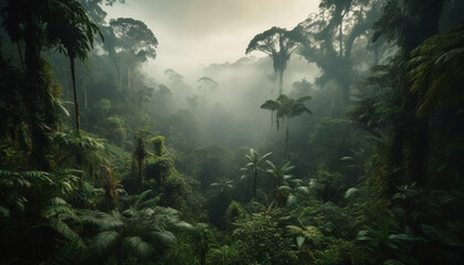 A mysterious adventure through the spooky tropical rainforest awaits generated by AI - obrazy, fototapety, plakaty