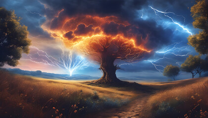 Storm, psychedelic tornado and lightning in the sky, tree in the landscape 