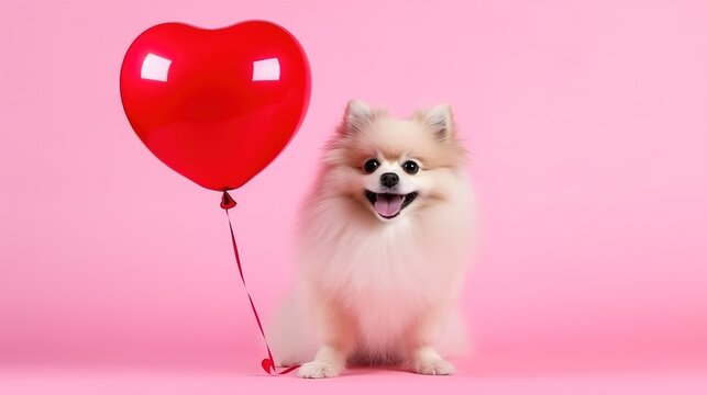 Cute dog holding a heart shaped balloon isolated on pink background