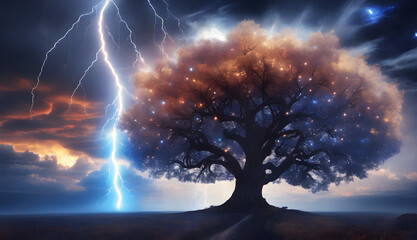 Storm, psychedelic tornado and lightning in the sky, tree in the landscape, Concept on the theme of weather, natural disasters, storm, thunderstorms,, lightning, the environment concept, generative ai
