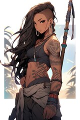 Full body tattooed muscular female monk with facial piercings, holding a bo staff. Japanese animation style character design illustration. generative AI - obrazy, fototapety, plakaty