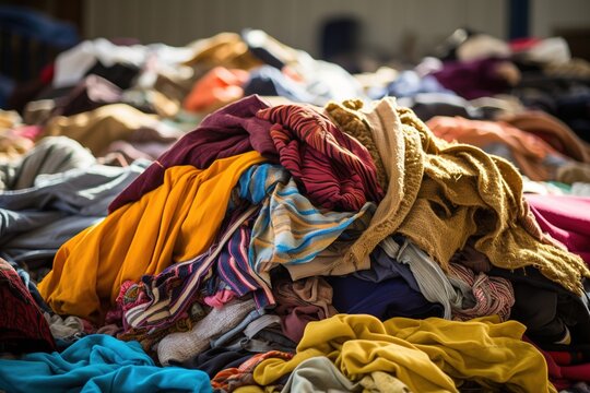 Pile of donated clothing for refugees.