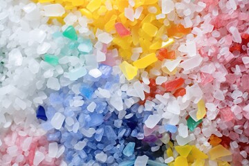 Recycled plastic granules with mixed colors.
