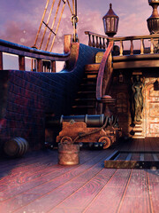 Deck of an old pirate ship. 3d render.