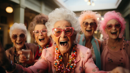 80 year old happy old friends celebrating Christmas at home