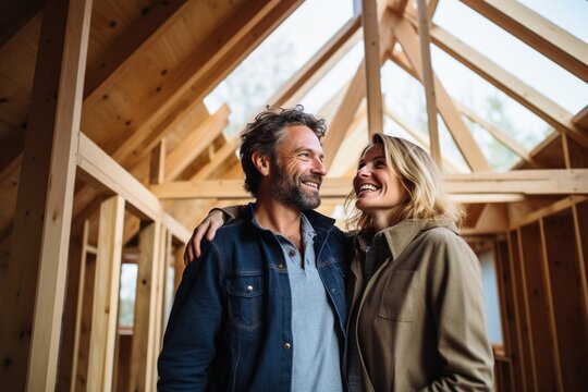Smiling couple in wooden frame house under construction.