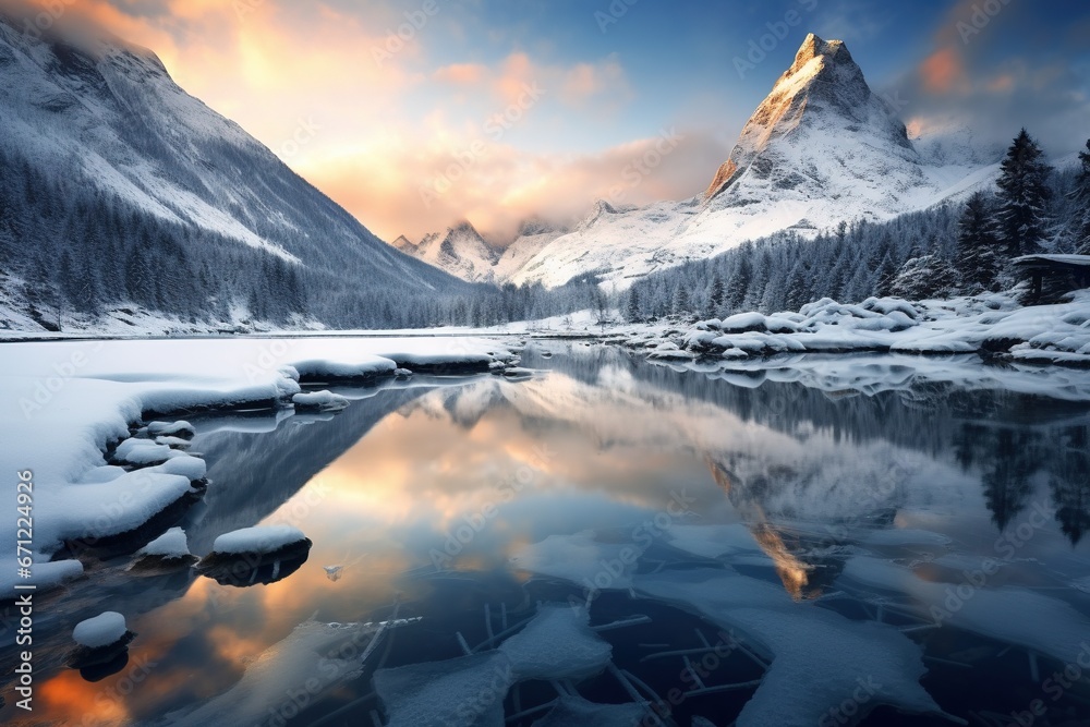 Sticker winter landscape with frozen lake and mountains.