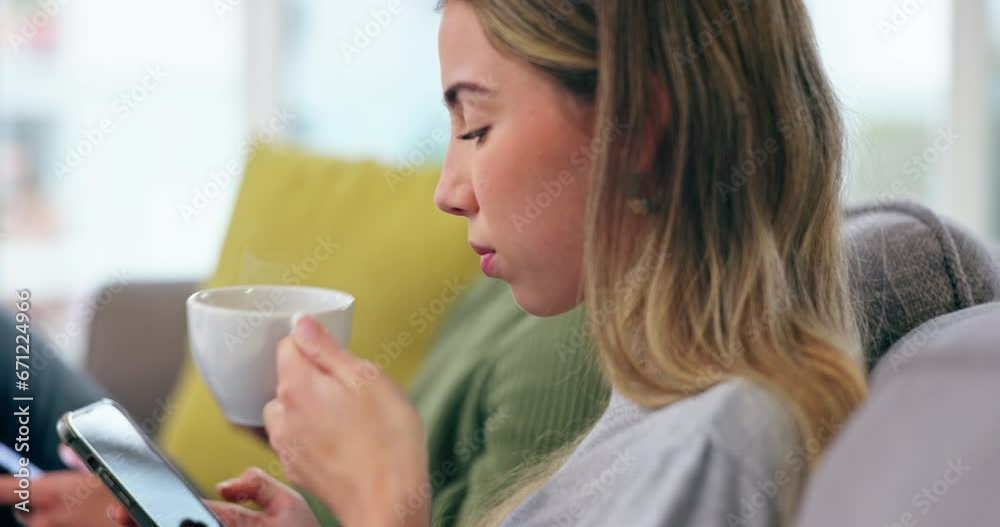 Canvas Prints Relax, phone and coffee with hands of couple on sofa for peace, social media and networking. Calm, tea and technology with closeup of man and woman in living room of home for communication app