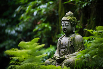 Tranquil Buddha Sculpture in a Verdant Oasis