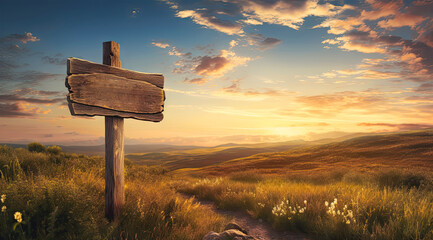 Wooden signpost in a field with a cloudy sunset in the background. Illustration