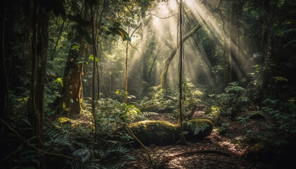 Tranquil scene in the tropical rainforest, mystery and beauty abound generated by AI - obrazy, fototapety, plakaty