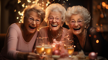 Obraz na płótnie Canvas 80 year old happy old friends celebrating Christmas at home