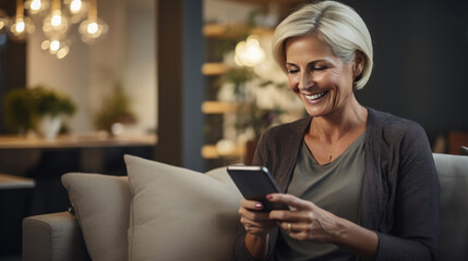 Midlife Happiness: Lady Using Smartphone App on Sofa